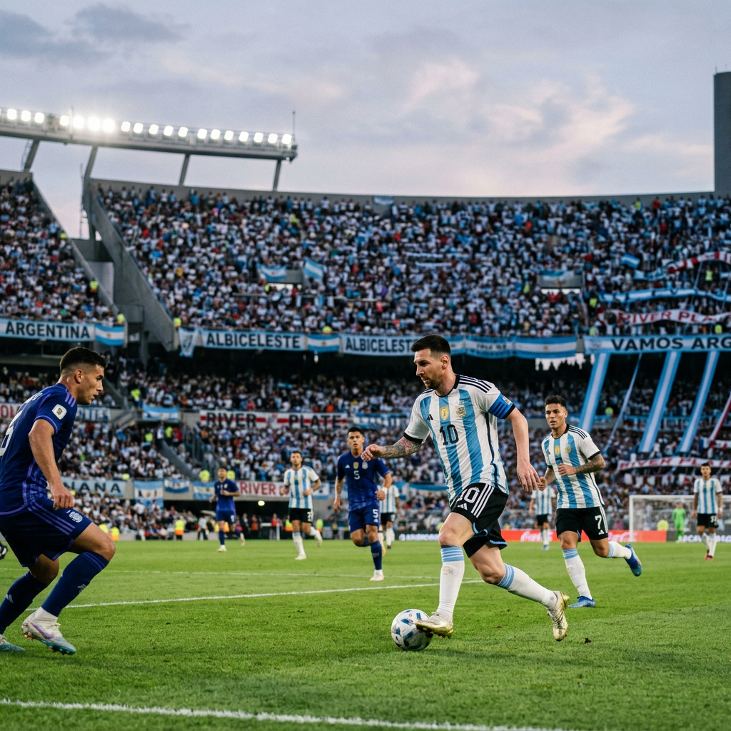 Lionel Messi controlling the ball near the penalty area with defenders and teammates nearby during a soccer match.